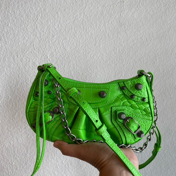 Balenciaga Le Cagole Mini Bag with Chain Handle in Electric Lime Green Croc - Picture 1 of 16
